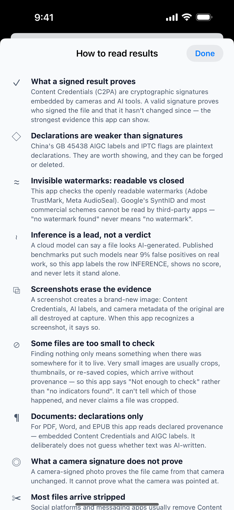 The in-app guide explaining what each kind of result can and cannot establish