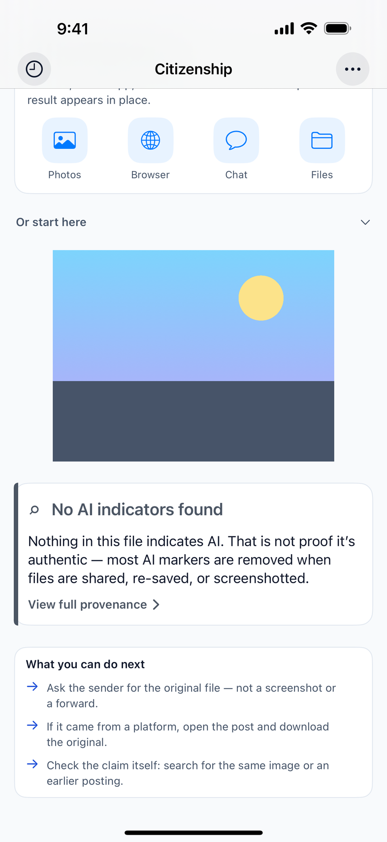 An empty result explaining it is not proof of authenticity, with next steps