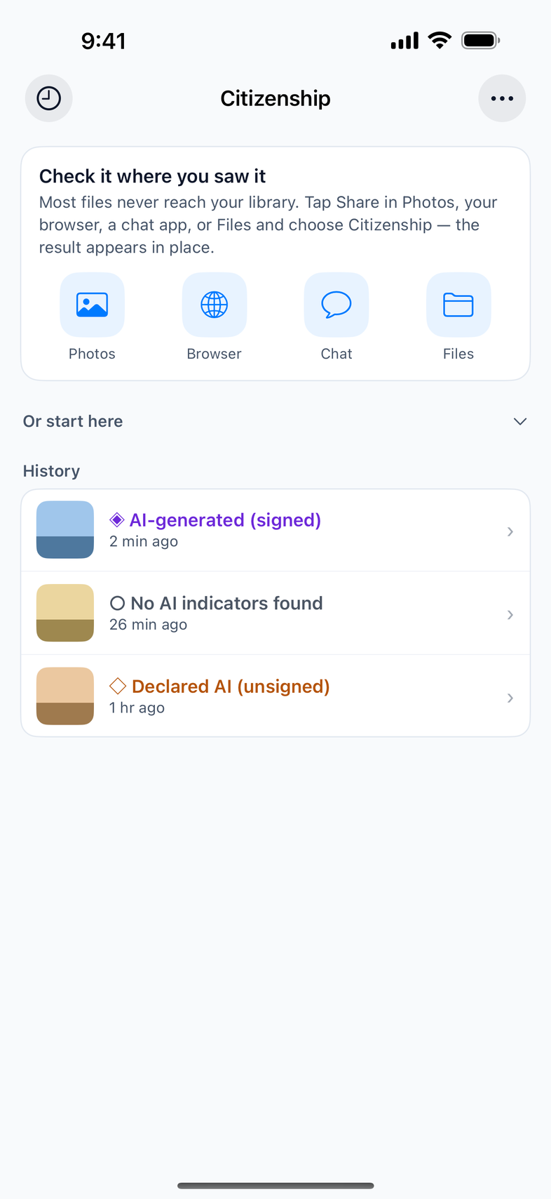 Citizenship home screen: Photos, Browser, Chat and Files entry points above a list of recent checks