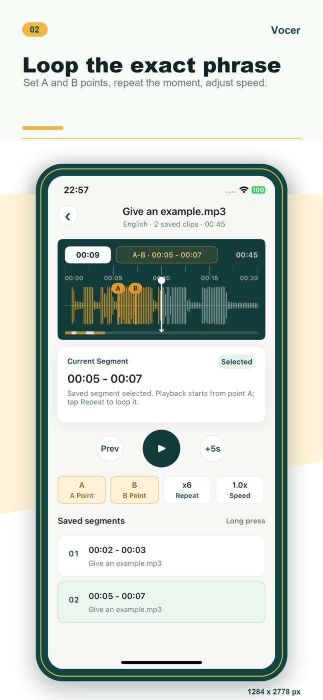Vocer A/B loop screen with a waveform and marked segment.